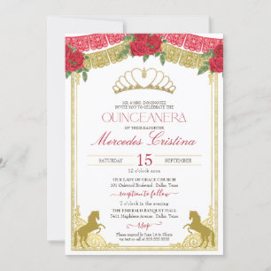Invitation Roses rouges et or Western Charro Horses Quinceañe
