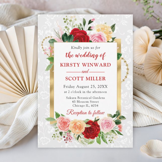 Invitation Roses Rouges et Orange Fleurs Feuille d'Or Mariage (Créateur téléchargé)