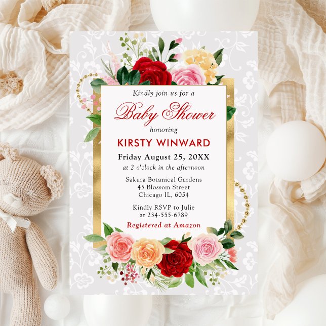 Invitation Roses Rouges et Oranges Fleurs Dorées Baby Shower (Créateur téléchargé)
