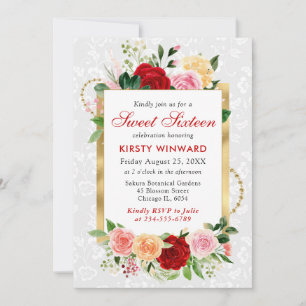 Invitation Roses rouges et oranges Fleurs Feuille d'or Sweet 