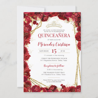 Invitation Roses rouges et Quinceanera d'or avec Tiara
