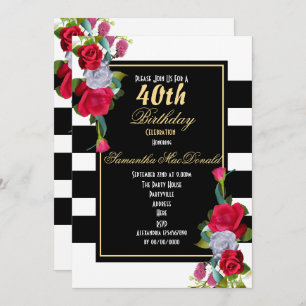 Invitation Roses rouges et rayures noires 40e anniversaire