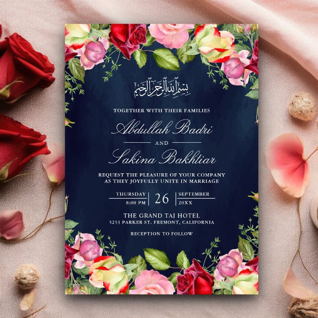 Invitation Roses rouges et roses Floral Navy Bleu Mariage mus (Créateur téléchargé)