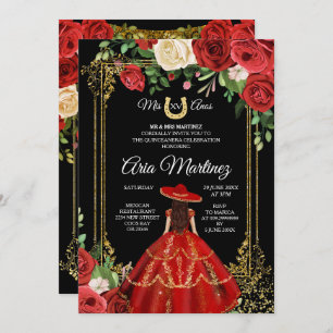 Invitation Roses rouges et rouges - Princesse Quinceanera