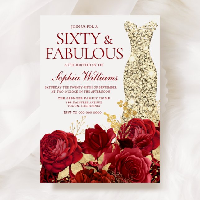 Invitation Roses rouges et texte Robe d'or 60e fête d'anniver (Créateur téléchargé)