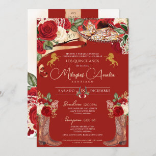 Invitation Roses rouges Fancy Mariachi Charra Quinceanera