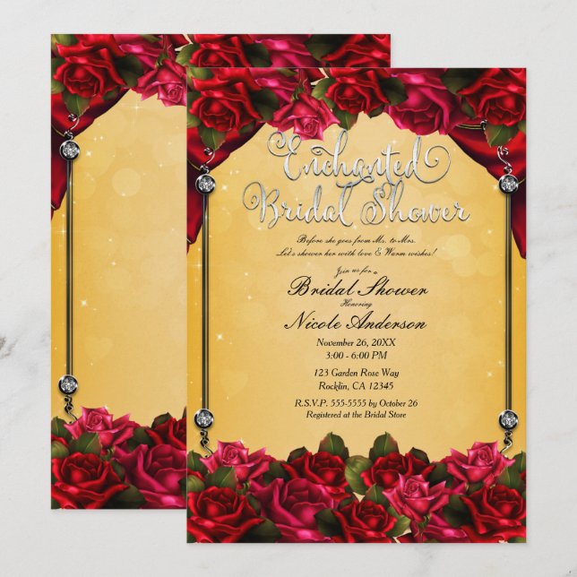 Invitation Roses rouges Fête des mariées jaune et or (Devant / Derrière)