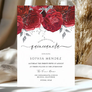 Invitation Roses Rouges Feuille d'Argent Quinceanera
