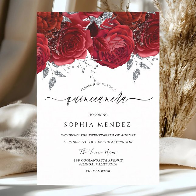 Invitation Roses Rouges Feuille d'Argent Quinceanera (Créateur téléchargé)