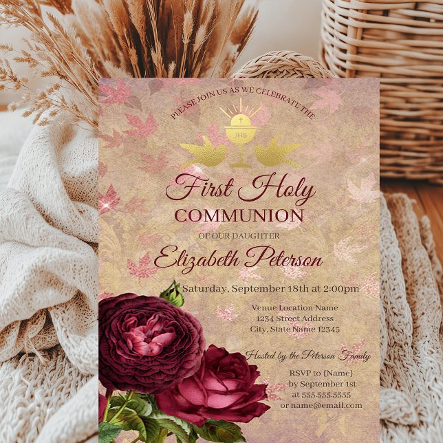 Invitation Roses Rouges Feuilles Tombantes Première Communion (Créateur téléchargé)