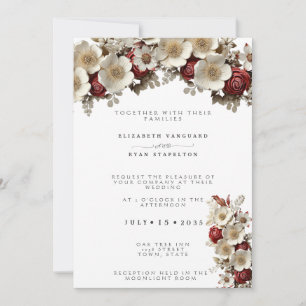 Invitation Roses Rouges Fleurs de Cornouiller Blanc, Mariage 