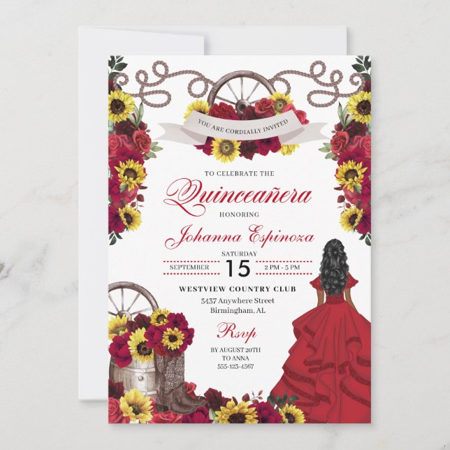 Invitation Roses rouges Fleurs de soleil Cowgirl Western Quin (Devant)