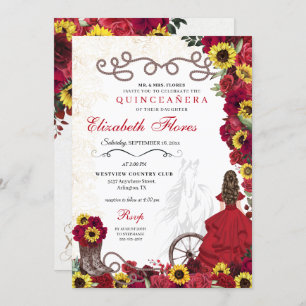 Invitation Roses rouges Fleurs de soleil Cowgirl Western Quin