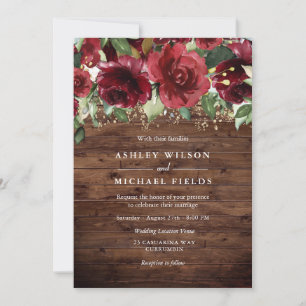 Invitation Roses rouges Fleurs Mariage campagnard rustique