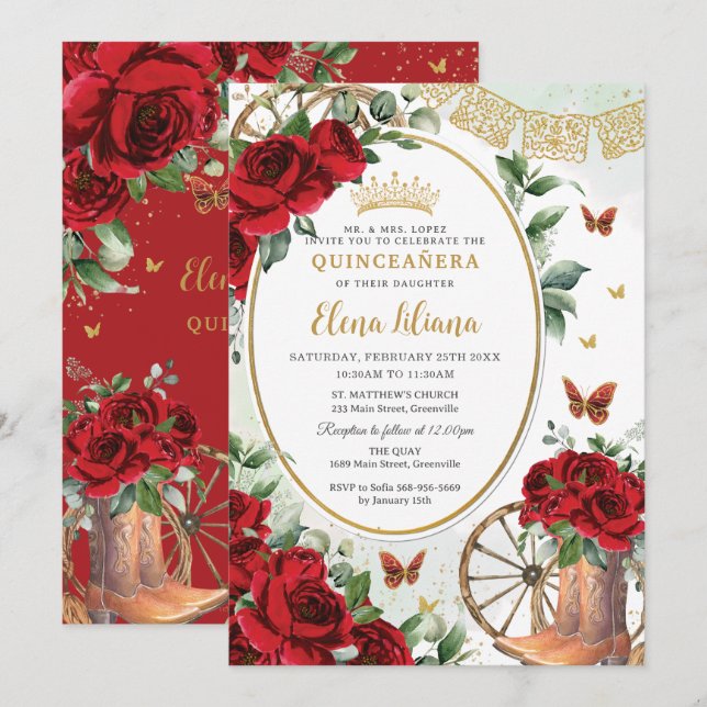 Invitation Roses Rouges Floral Charro Bottes Quinceañera Swee (Devant / Derrière)