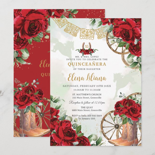 Invitation Roses Rouges Floral Charro Bottes Sweet 16 Quincea (Devant / Derrière)