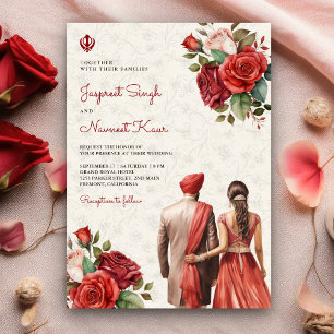 Invitation Roses rouges Floral Indien Punjabi Sikh Mariage