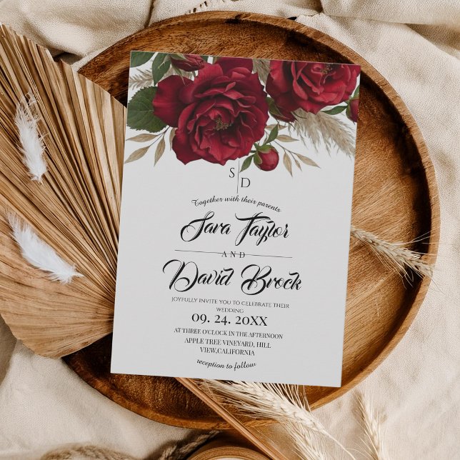 Invitation Roses Rouges Floral Moderne Mariage Bohème (Créateur téléchargé)