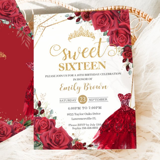 Invitation Roses rouges Floral or princesse robe sucré 16 (Créateur téléchargé)