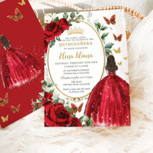Invitation Roses rouges Floral Princesse robe or Quinceañera