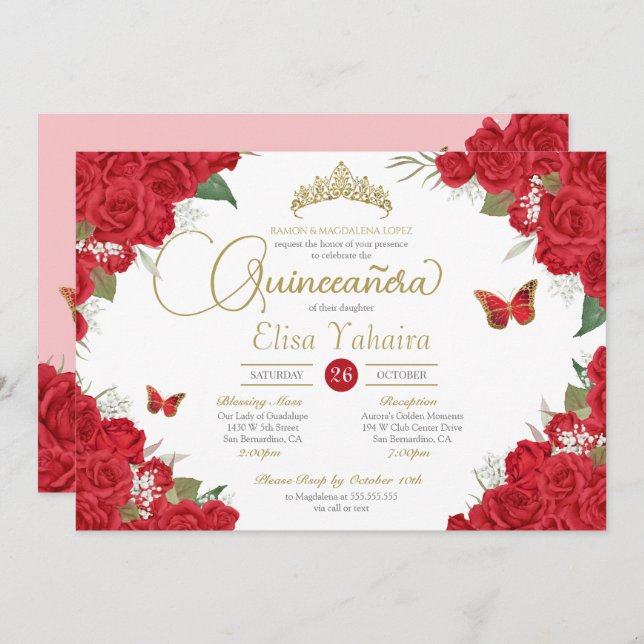 Invitation Roses rouges Floral Tiara Butterfly Quinceanera (Devant / Derrière)