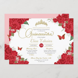 Invitation Roses rouges Floral Tiara Butterfly Quinceanera