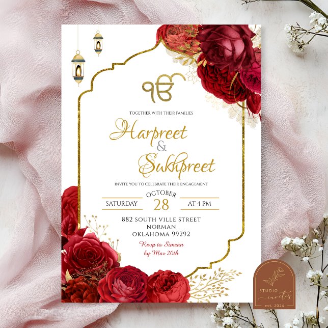 Invitation Roses Rouges Florales Ik Onkar Mariage Indien (Créateur téléchargé)