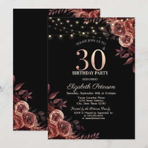 Invitation Roses rouges foncés, Guirlande lumineuse noire 30e