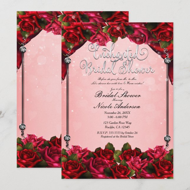 Invitation Roses Rouges & Glamour Rose Foncé Fête de Mariage  (Devant / Derrière)