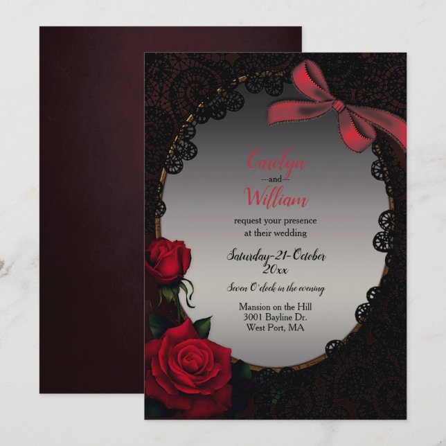 Invitation Roses rouges gothiques et Mariage de dentelle noir (Devant / Derrière)