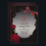 Invitation Roses rouges gothiques et Mariage de dentelle noir<br><div class="desc">Faire-part de mariage à thème gothique faite dans les graphiques d'une zone de texte ovale, contre un arrière - plan bordeaux foncé en détresse. Des illustrations graphiques d'un arc en satin bordeaux, de roses rouges et de dentelle noire décorent la zone de texte. Personnalisez tous les champs de texte pour...</div>