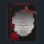 Invitation Roses rouges gothiques et Mariage de dentelle noir<br><div class="desc">Faire-part de mariage à thème gothique faite dans les graphiques d'une zone de texte ovale, contre un arrière - plan bordeaux foncé en détresse. Des illustrations graphiques d'un arc en satin bordeaux, de roses rouges et de dentelle noire décorent la zone de texte. Personnalisez tous les champs de texte pour...</div>