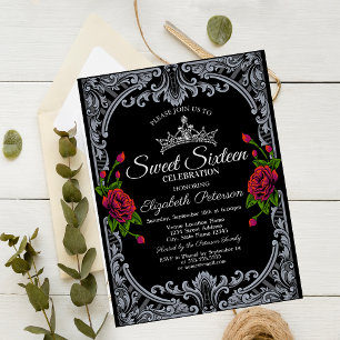 Invitation Roses rouges gothiques rayures noires Sweet 16