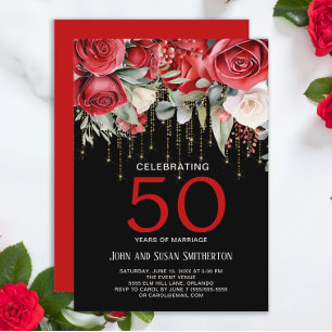 Invitation Roses Rouges Guirlande Lumineuse Or Noir 50e Anniv