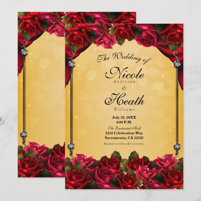 Invitation Roses Rouges Jaune & Or Mariage élégant (Devant / Derrière)