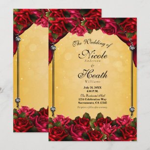 Invitation Roses Rouges Jaune & Or Mariage élégant