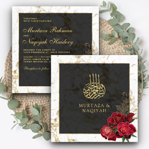 Invitation Roses rouges Marbre d'or noir Mariage musulman isl