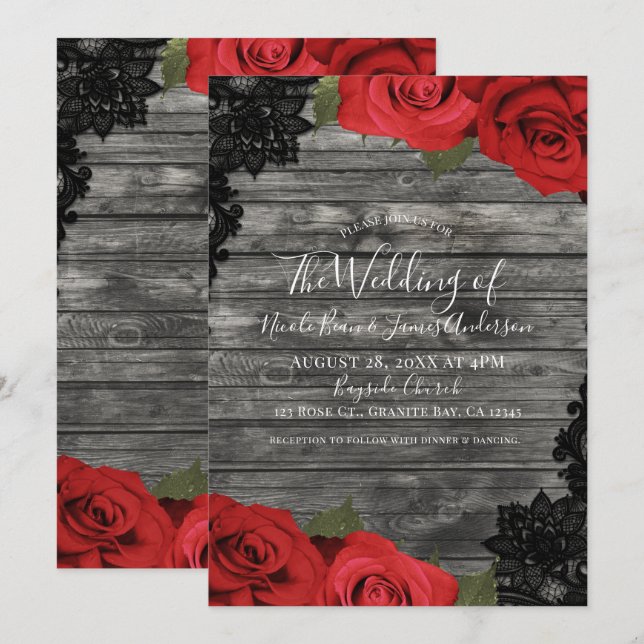 Invitation Roses Rouges Mariage Bois Rustique Dentelle Noire (Devant / Derrière)