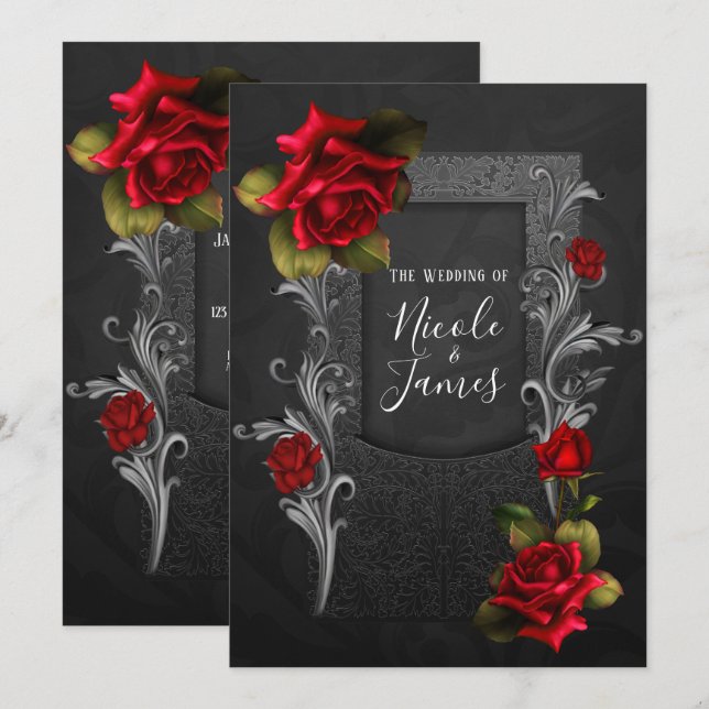 Invitation Roses Rouges Mariage Gothique Orné Noir (Devant / Derrière)