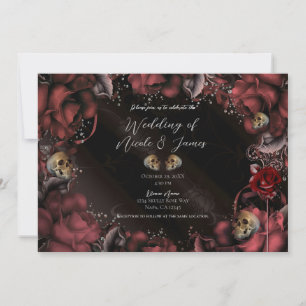 Invitation Roses rouges marron et crânes de mariage gothique