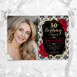 Invitation Roses rouges Noir Blanc Damas Photo 50e anniversai<br><div class="desc">Elégante invitation au 50e anniversaire fleurie féminine avec votre photo. Noir noir blanc rouge design avec faux or parties scintillant. Caractéristiques noir et blanc damas motif, roses rouges, police de script et confetti. Parfait pour une fête anniversaire adulte élégante. Personnalisez avec vos propres détails. Peut être customisé pour n'importe quel...</div>
