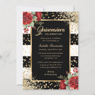 Invitation Roses rouges Noir Confetti Floral Quinceañera
