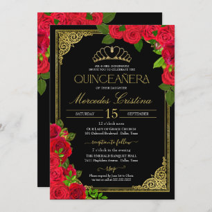 Invitation Roses rouges Noir et Or Elégant Quinceañera Invit