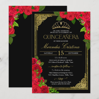 Invitation Roses rouges Noir et Or Elégant Quinceañera Invit