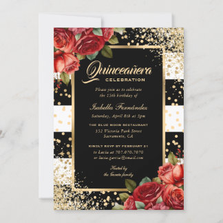 Invitation Roses Rouges Noir Or Élégant Floral Quinceañera