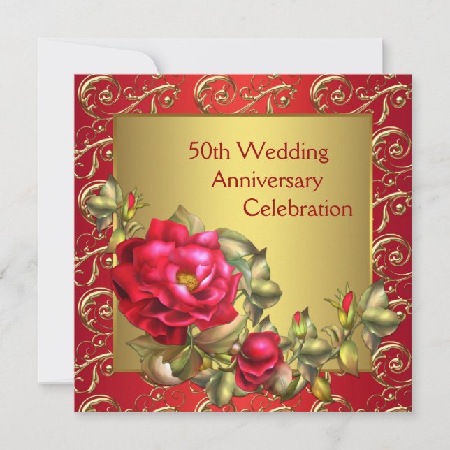 Invitation Roses Rouges Or 50e Anniversaire de Mariage (Devant)