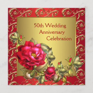 Invitation Roses Rouges Or 50e Anniversaire de Mariage