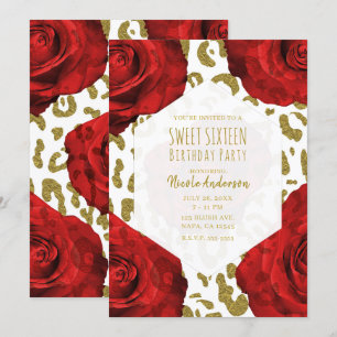 Invitation Roses rouges Or blanc Guépard Léopard Sweet 16 Inv