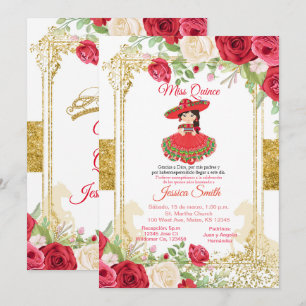 Invitation Roses Rouges & Or Miss Quinceañera Mexicaine