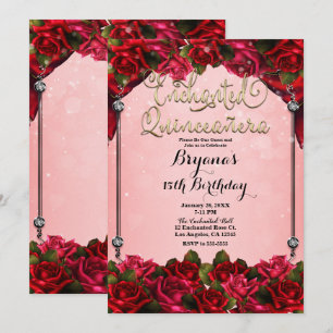Invitation Roses Rouges Or & Rose Quinceañera Fête des 15 Ans